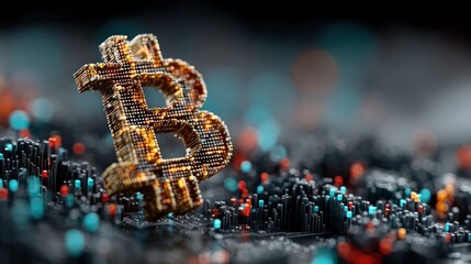 Bitcoin symbol constructed from digital elements representing cryptocurrency and blockchain