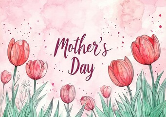 handwritten Mother's Day greeting on pink watercolor background with red tulips and green leaves, delicate joyful floral illustration