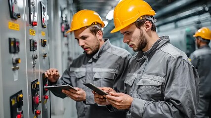 Two engineers in safety gear inspecting control panels in an industrial facility with machinery