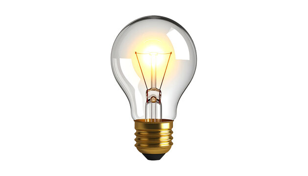 Isolated, lit incandescent bulb against black, golden base and glowing filament