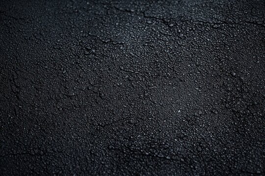 Close-up of dark wet asphalt road surface with pebbled texture and small cracks, gritty moody urban atmosphere