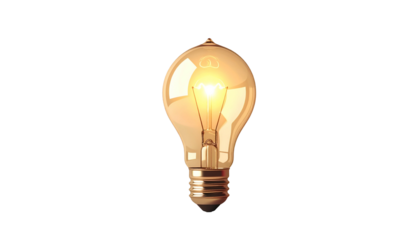 Golden light bulb glowing brightly against a stark black backdrop. Its filament is lit