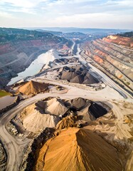 Aerial view of a large open-pit mine with various piles of material and layered terrain in a hazy daylight