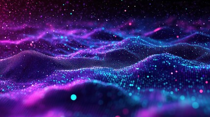 Glowing neon particle landscape of undulating digital waves and mesh in vibrant purple and blue, evoking a futuristic, serene and dynamic sense of depth and motion