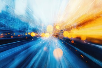 blurred cityscape with blue and orange light streaks and glowing bokeh conveying high-speed motion and energetic futuristic rush