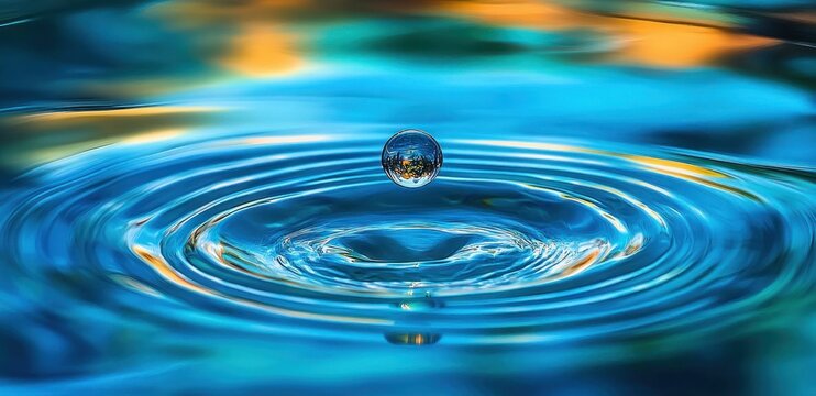 Single water droplet hovering above concentric ripples on a vibrant blue and gold reflective surface, serene and mesmerizing