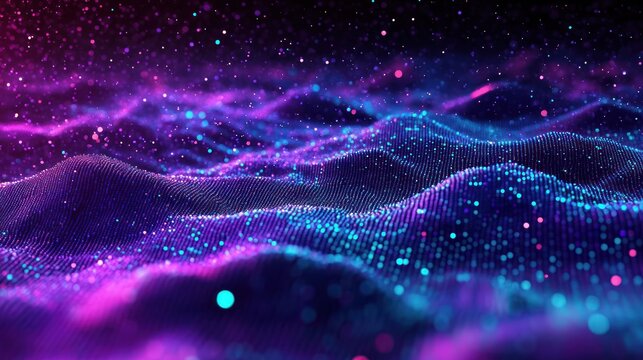 Glowing neon particle landscape of undulating digital waves and mesh in vibrant purple and blue, evoking a futuristic, serene and dynamic sense of depth and motion