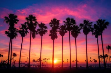silhouetted palm trees along a beach at a vibrant pink, purple and orange sunset over a calm ocean, serene dreamy evening mood