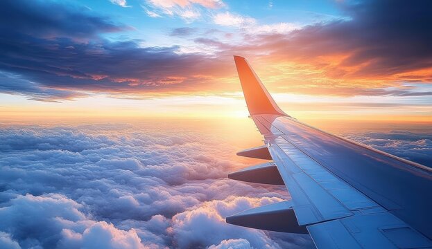 airplane wing above a sea of clouds at sunrise with golden horizon and vibrant sky evoking serene wonder - Powered by Adobe