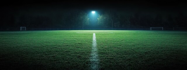 Empty illuminated soccer pitch at night with centered floodlight, white center line leading toward distant goalposts and dark tree-lined background, quiet and contemplative mood