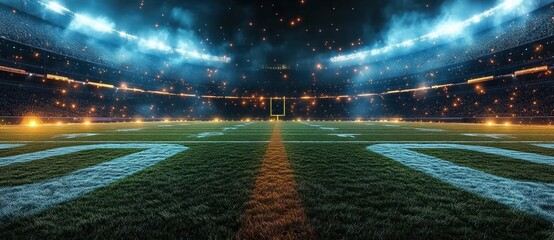 Dramatic nighttime football stadium field lit by bright floodlights, smoky sky with sparks, glowing goalposts, marked turf and packed illuminated stands, intense anticipation