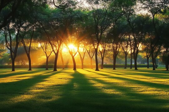 golden sunbeams filtering through a row of trees onto a sunlit grassy meadow, long shadows and a peaceful morning glow