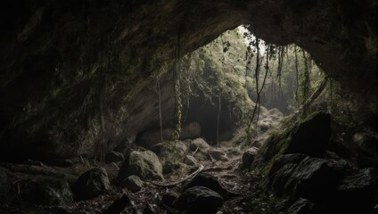 Mysterious Cave Entrance with Lush Greenery and Natural Light.