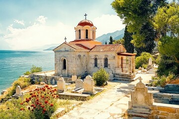 Sunlit stone chapel with domed roof and crosses beside a cliffside cemetery overlooking calm blue sea and distant mountains, red flowers and trees, peaceful and tranquil