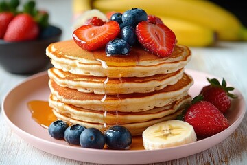 Fluffy golden pancake stack with syrup dripping, topped with strawberries and blueberries, served with banana slices and fresh berries on a pink plate, mouthwatering morning breakfast