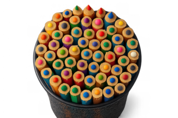 Array of colorful pencils with pointed tips facing up in a holder, creating a pattern. Transparent background