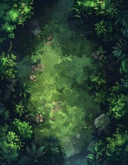 Aerial view of a lush forest clearing, with varied green vegetation and scattered rocks along a winding path