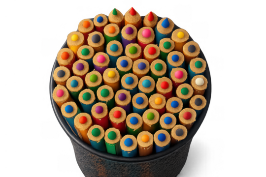 Array of colorful pencils with pointed tips facing up in a holder, creating a pattern. Transparent background