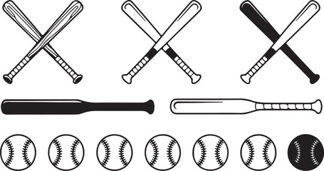Various baseball bats are crossed and placed over baseballs with a transparent background