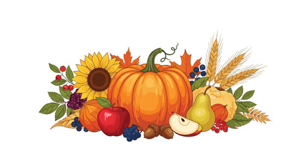 Vibrant autumn harvest arrangement with pumpkins, sunflower, fruits, berries, wheat, and colorful leaves on a white background.