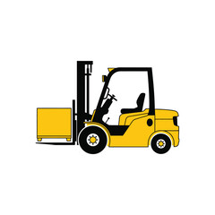 Yellow forklift truck lifting a box isolated on white background