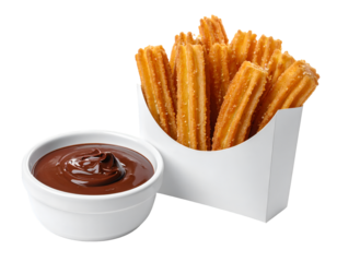 Churros in takeaway paper with chocolate sauce isolated on transparent png
