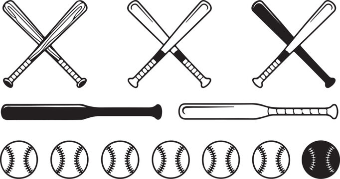 Various baseball bats are crossed and placed over baseballs with a transparent background
