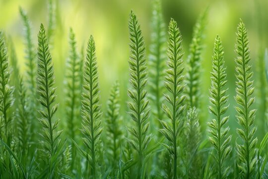 Close-up of tall slender green plant shoots with layered leaflets rising in a row against a soft blurred green background, evoking calm fresh serenity