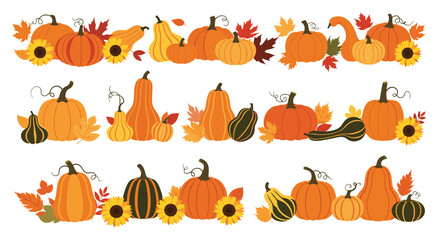 Obraz premium Autumn harvest decorations featuring an array of colorful pumpkins, gourds, sunflowers, and fall leaves in a cheerful, flat design style.