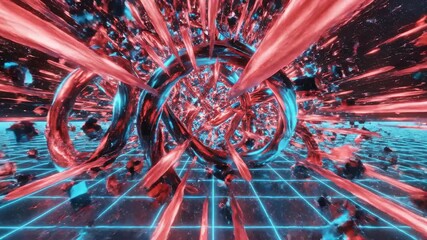 Hyper-speed abstract visualization of thick red and cyan energy light trails racing across a grid plane creating chaotic geometric shapes and velocity streaks motion, backdrop, geometric - Powered by Adobe