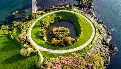 Aerial view of a lush green island with a circular road surrounding a water-filled crater with trees