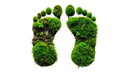 Pair of footprints formed from lush green moss and soil, isolated on black background