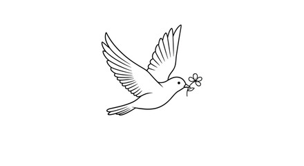Fototapeta premium A beautiful line art drawing of a flying dove carrying a delicate flower in its beak, symbolizing peace, hope, and freedom.