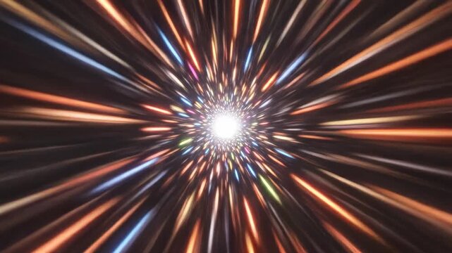 Hyper-speed movement through a tunnel of intensely vibrant neon light streaks blurring dynamically into a tunnel vortex effect suggesting rapid time travel or acceleration loop, tunnel, travel