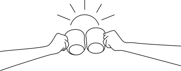 two friends raise up coffee cup in winter morning, hand drawing icon vector.