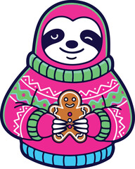 Naklejka premium Adorable sloth wearing a festive ugly christmas sweater holding a gingerbread cookie, Generative Ai