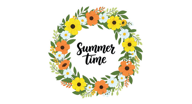 A cheerful floral wreath composed of orange, yellow, and white flowers with green leaves, surrounding handwritten \.