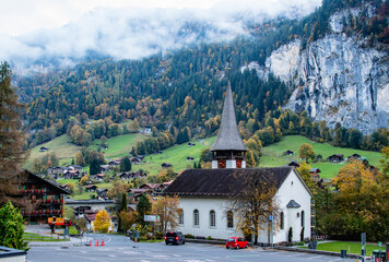 Beautiful autumn scenery in Lauterbrunnen, Switzerland.