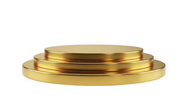Shiny golden three-tiered circular pedestal podium for product display, awards