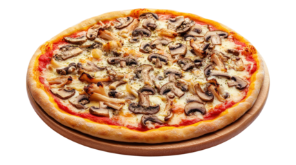Mushroom Pizza on Wooden Board isolated on a transparent background