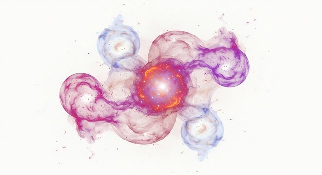 クリーンな白背景に描かれた明るく鮮やかなデジタルアート作品ピンクや紫そして青の抽象的な光の形が渦巻く光の軌跡で繋がりダイナミックな宇宙のエネルギーの流れを生み出す幻想的なビジュアル. AI Generated - Powered by Adobe