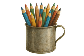 Colorful drawing pencils in a rustic metal cup, showing various art supplies for creative projects, transparent background
