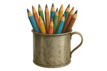 Colorful drawing pencils in a rustic metal cup, showing various art supplies for creative projects, transparent background