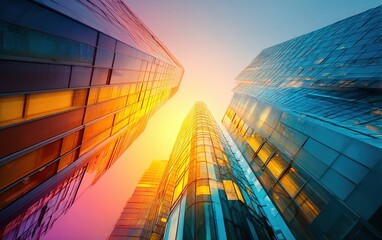skyscraper at sunset view looking up of bright colorful abstract background prism fantasy architectural wallpaper sunlight blue yellow orange pink cityscape architecture backdrop. High quality
