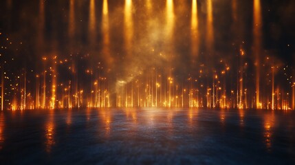 Abstract dark stage background with golden bokeh and neon light rays