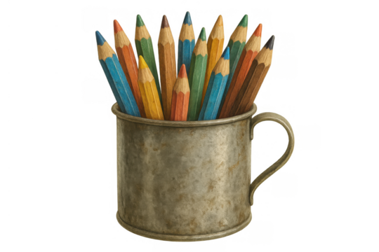 Colorful drawing pencils in a rustic metal cup, showing various art supplies for creative projects, transparent background