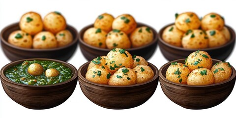 Six wooden bowls of golden crispy fried snack balls, five bowls garnished with chopped cilantro and one bowl of vibrant green chutney with two soaked balls, warm and inviting