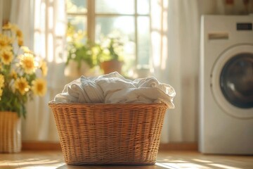 Sunlit wicker laundry basket of white linens beside a washing machine with sunflowers and warm morning light, cozy peaceful domestic scene