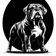 stoic bulldog standing proudly with wrinkled face and short legs against a bold black circular backdrop, high-contrast monochrome illustration conveying strength and determination