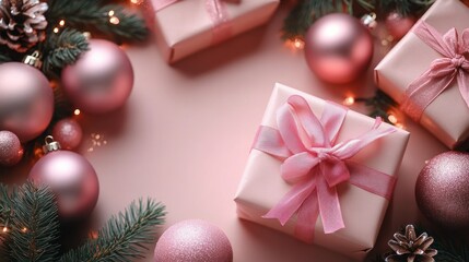 Soft pink wrapped presents with satin bows surrounded by pink baubles, glittery ornaments, fir sprigs, pine cones and warm fairy lights, evoking cozy festive joy